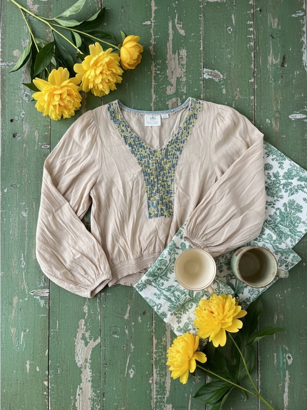 Maeve taupe beaded peasant boho top